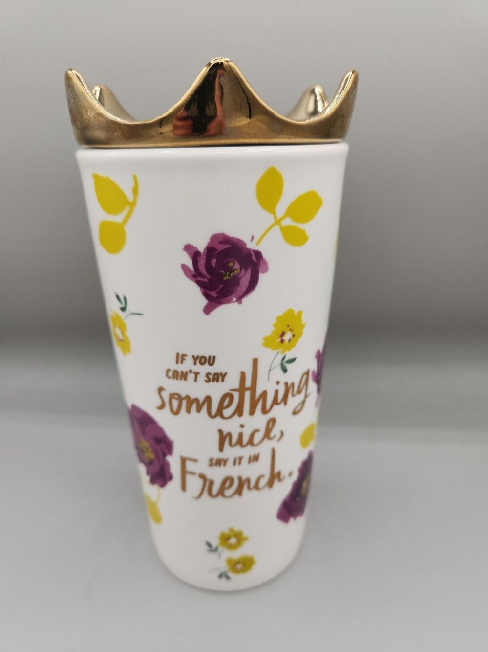 Hallmark Ceramic Coffee Mug Cup w/Crown Lid 16 Oz Funny French Saying Travel Mug
